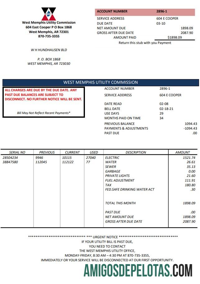 imprimível Modelo de conta de serviços públicos dos EUA Arkansas West Memphis em formato Word e PDF